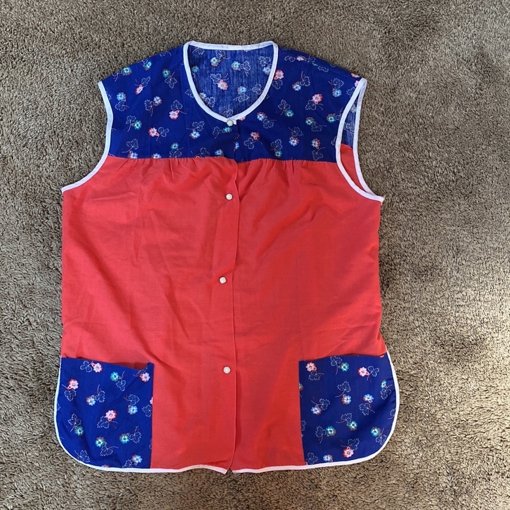VTG 70’s Red Navy Blue Floral Print Artist Art Smock Blouse Top - Picture 4 of 5